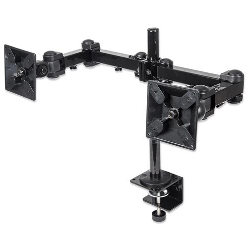 Manhattan TV & Monitor Mount Desk Full Motion 2 screens Screen Sizes: 10-27" Black Clamp Assembly Dual Screen VESA 75x75 to 100x100mm Max 6kg (each) Lifetime Warranty