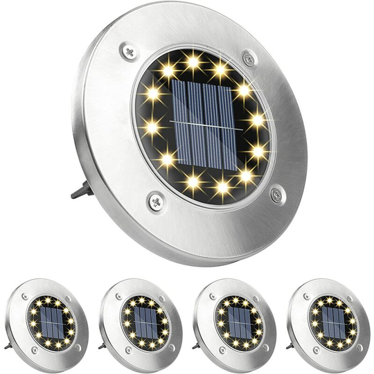 Aougo - 4 Pack Solar Ground Lights, 12 led Warm White Solar Outdoor Lights, IP65 Stainless Steel Waterproof, Lawn, Garden Path, Yard