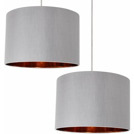 Set of 2 Grey Faux Silk 30cm Drum Light Shade with Copper Inner - Grey faux silk with copper inner detail