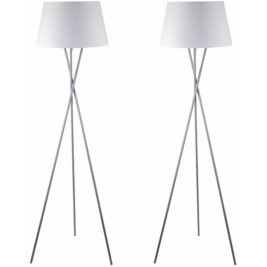 Pair Grey Tripod Floor Lamp with White Fabric Shade - Grey and white cotton