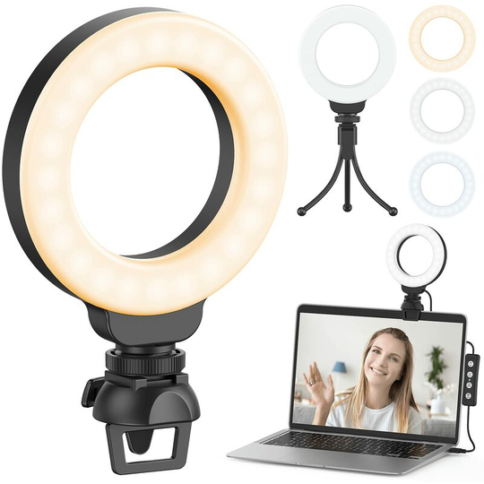 Bearsu - Ring Light with Tripod and Clip, 4 Inch Video Conferencing Light, Selfie Ring Light, Adjustable led Ring Light for Live/Makeup/Video