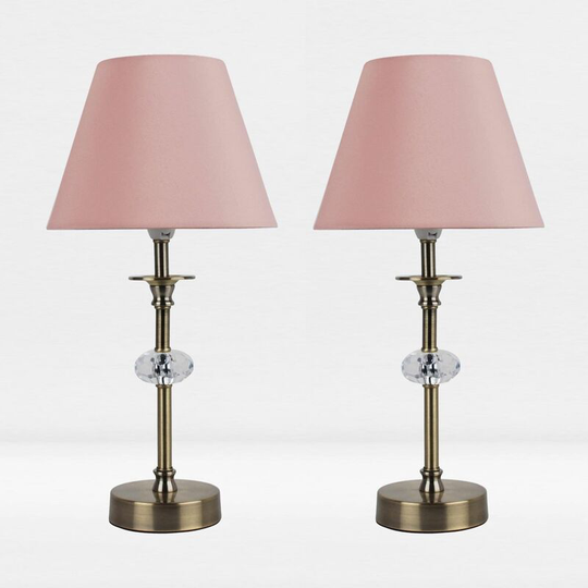 First Choice Lighting - Set of 2 Antique Brass Plated Stacked Bedside Table Light Faceted Detail Blush Pink Fabric Shade - Antique brass plate with