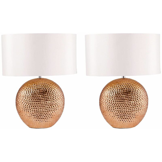 First Choice Lighting - Set of 2 Dimpled Textured Oval Copper Plated Ceramic Bedside Table Light Base with White Faux Silk Oval Fabric Shade - Copper
