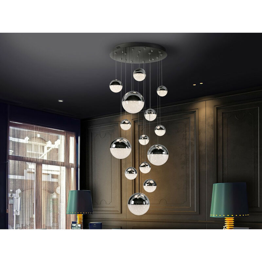 Schuller Lighting - Schuller Sphere - Dimmable 14 Light Integrated led Light Pendant Light Cluster Drop, Chrome, Bluetooth control