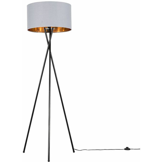 Floor Lamp Tripod Camden Light in Black with Cylinder Lampshade - Grey & Gold