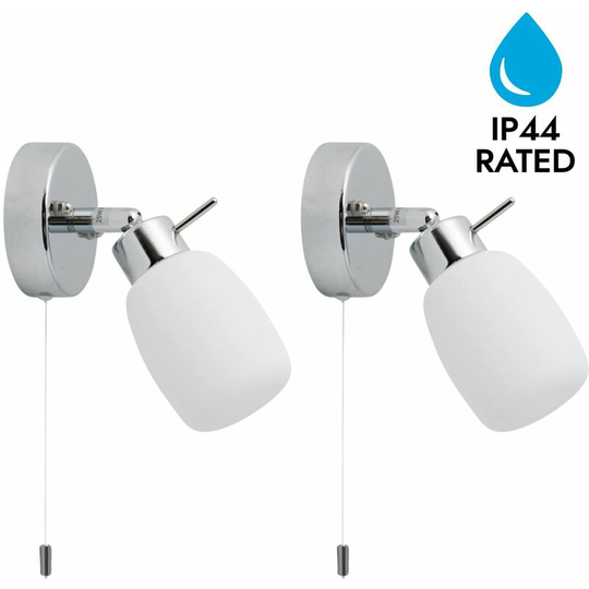 First Choice Lighting - Set of 2 Brom - Chrome Opal Glass IP44 Pull Cord Bathroom Wall Spotlights - Polished chrome plate and opal glass