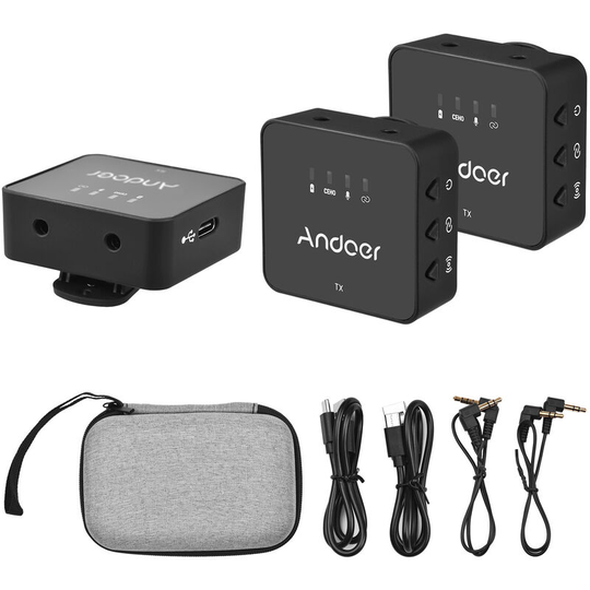 Andoer One-Trigger-Two 2.4G Wireless Microphone System (2 Transmitters + 1 Receiver) Clip On Microphone Max.30M Effective Range with 3.5mm TRS & TRRS