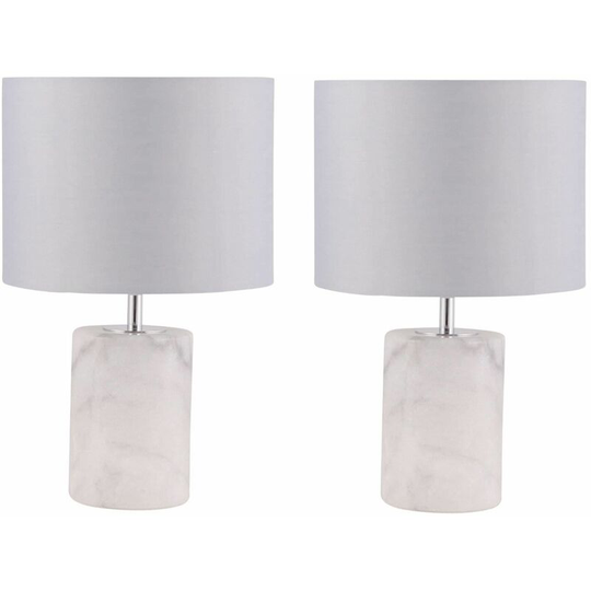 First Choice Lighting - Pair of Cylinder White Marble Table Lamps with Grey Fabric Shades - Gloss white marble with grey flecks with polished chrome