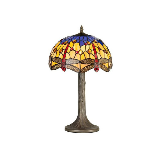 Luminosa Lighting - 1 Light Tree Like Table Lamp E27 With 30cm Tiffany Shade, Blue, Orange, Crystal, Aged Antique Brass