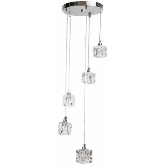 Chrome 5 Light Cluster Fitting with Ice Cube Glass Shades - Polished chrome plate and ice cube clear glass