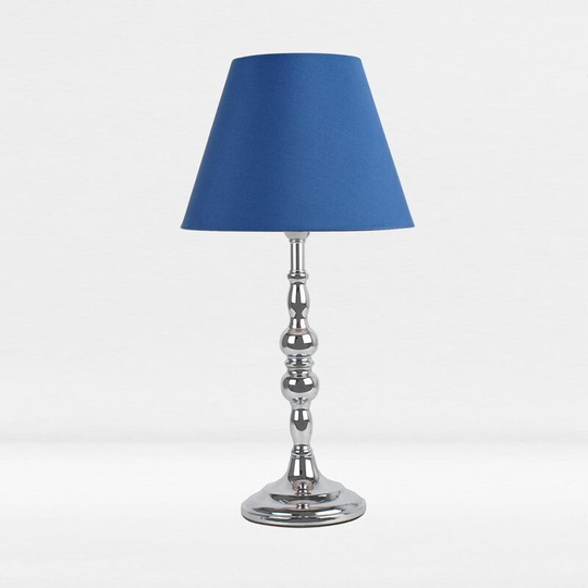 First Choice Lighting - Chrome Plated Bedside Table Light with Candle Column Blue Fabric Shade - Polished chrome plate and textured blue cotton