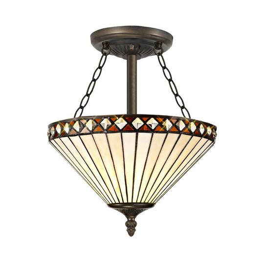3 Light Semi Flush Ceiling E27 With 30cm Tiffany Shade, Amber, Crystal, Aged Antique Brass - Luminosa Lighting