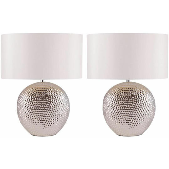 First Choice Lighting - Set of 2 Dimpled Oval Chrome Plated Ceramic Bedside Table Light Base with White Faux Silk Oval Fabric Shade - Polished chrome