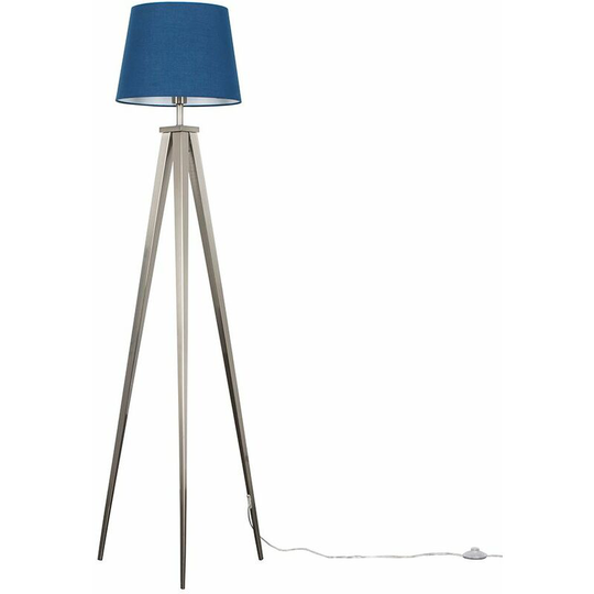 Tripod Floor Lamp in Brushed Chrome with a Tapered Shade - Navy Blue