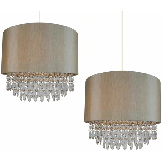 2 x Modern Soft Gold Ceiling Light Pendant Shades w/ Matching Inner & Clear Droplet Beads - Soft gold faux silk with clear acrylic detail