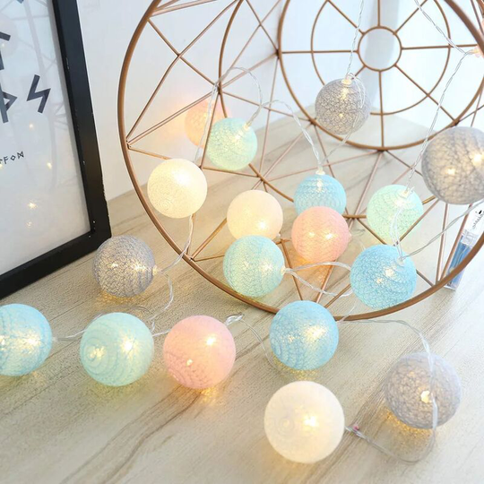 Aougo - Cotton Ball String Lights, Indoor Decoration Christmas Deco, 3.5M 20er led Globe Light, Girl, Princess, Child, Baby, Bedroom Wedding