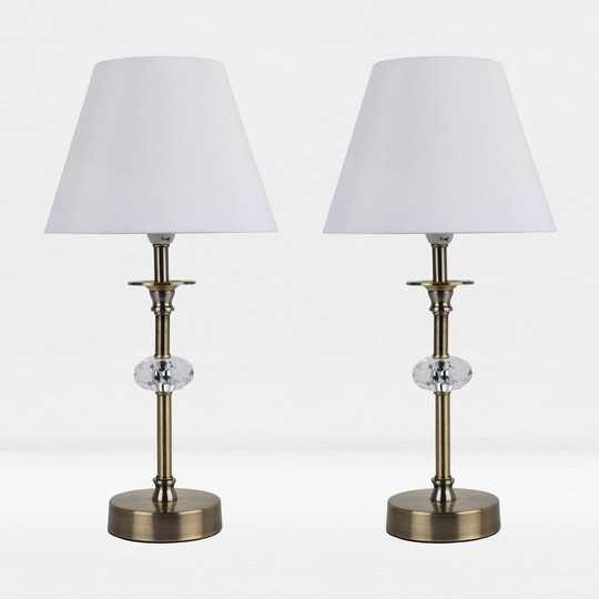 First Choice Lighting - Set of 2 Antique Brass Plated Stacked Bedside Table Light with Faceted Detail White Fabric Shade - Antique brass plate with