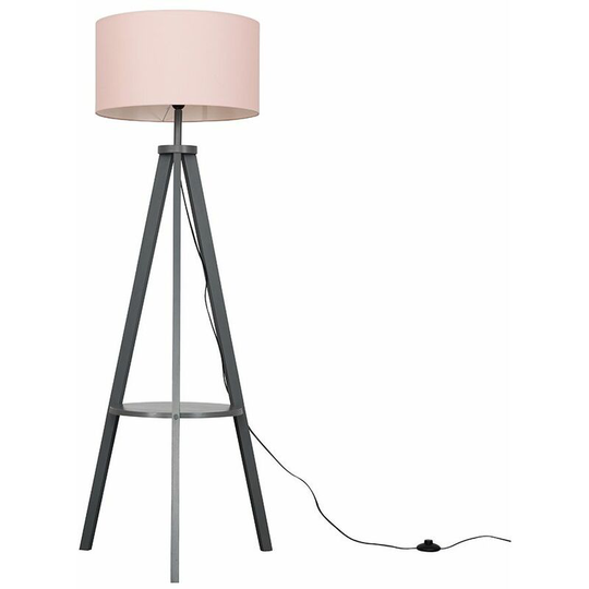 Tripod Shelf Floor Lamp in Grey with Large Drum Shade - Pink - No Bulb