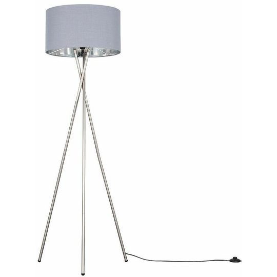 Floor Lamp Tripod Camden Light in Brushed Chrome with Cylinder Lampshade - Grey & Chrome + led Bulb