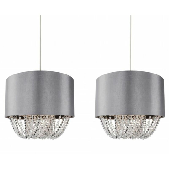 First Choice Lighting - Set of 2 Grey Fabric Non Electric Pendant With Beaded Diffuser - Grey faux silk with chrome & pearl lustre acrylic detail