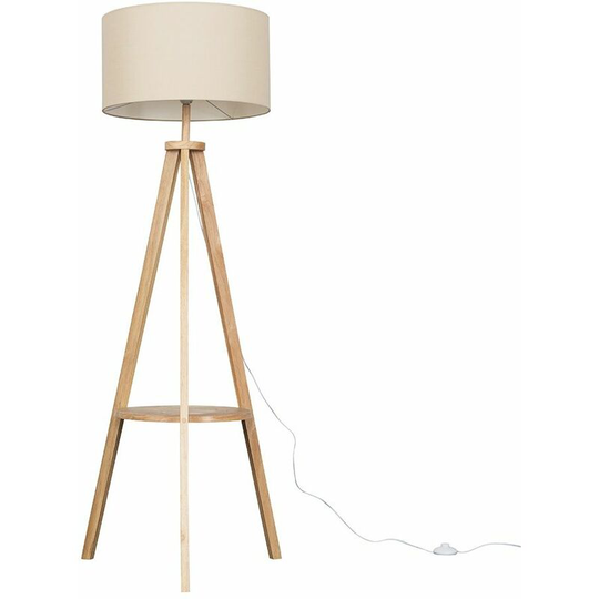 Tripod Shelf Floor Lamp in Light Wood with Large Drum Shade - Beige + led Bulb