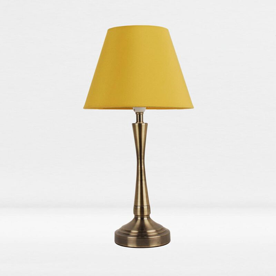 First Choice Lighting - Antique Brass Plated Bedside Table Light with Curved Column Ochre Fabric Shade - Antique brass plate and textured ochre cotton