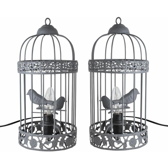 First Choice Lighting - Pair of Grey Birdcage Table Lamp / Bedside Lights - Matt grey paint