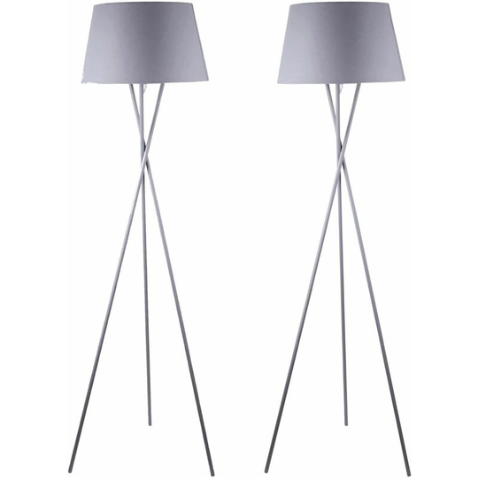Pair Grey Tripod Floor Lamp with Grey Fabric Shade - Grey and grey cotton