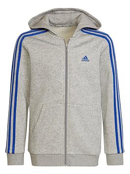 adidas Essentials Kids Boys 3 Stripes Zip Through Hoodie - Light Grey, Light Grey, Size 5-6 Years