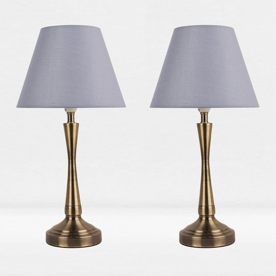 First Choice Lighting - Set of 2 Antique Brass Plated Bedside Table Light with Curved Column Grey Fabric Shade - Antique brass plate and textured