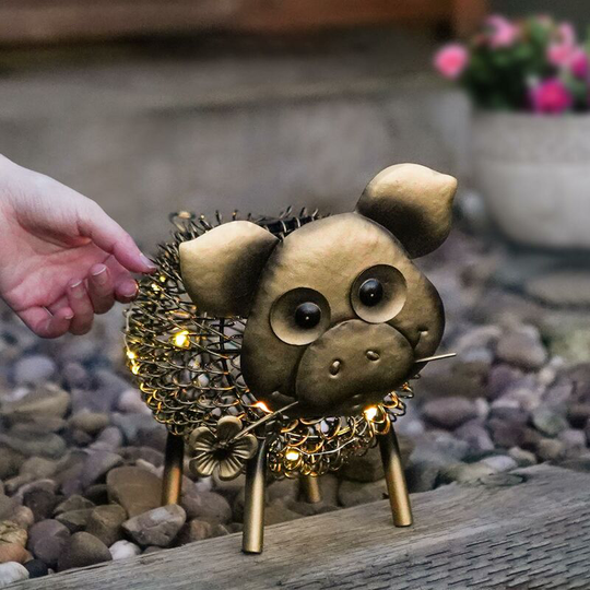 22cm Solar Power Novelty Pig led Light Up Ornament | Garden Outdoor Decoration - Brass