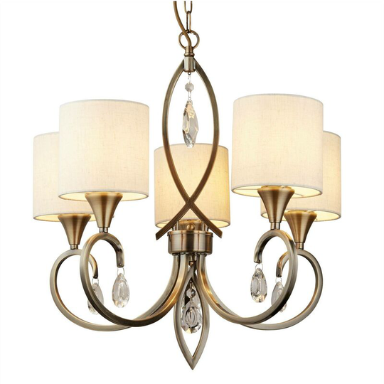Searchlight Alberto - 5 Light Multi Arm Ceiling Pendant Antique Brass, Cream with Crystals, E14