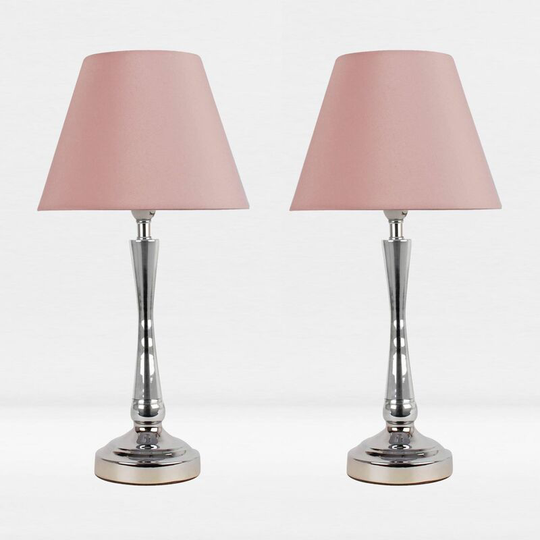 First Choice Lighting - Set of 2 Chrome Plated Bedside Table Light with Curved Column Blush Pink Fabric Shade - Polished chrome plate and textured