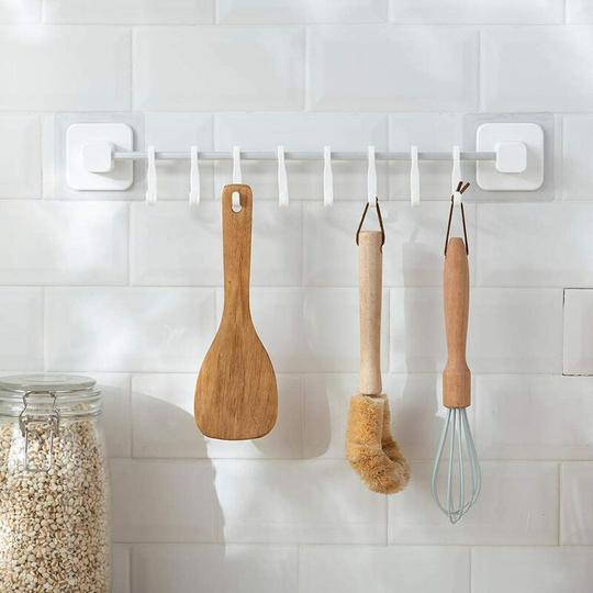 Wall-mounted brackets, hanging towel rack, kitchen tool holder with 8 mobile hooks, storage media for kitchen utensils for towels spoon spoon