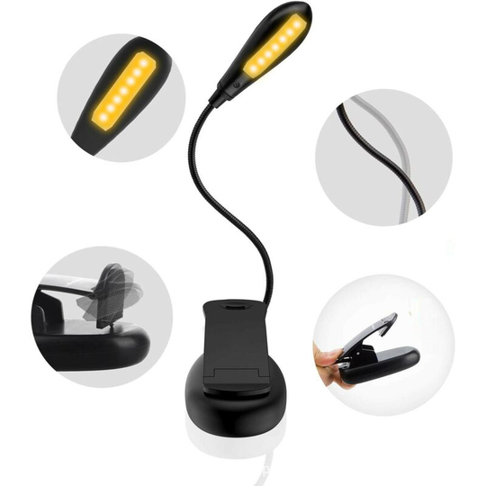 Aougo - Rechargeable Reading Light, Reading Lamp 14 LEDs 3 Colors 9 Modes Adjustable Brightness, 360° Clip-on Lamp Cordless Flexible Neck Portable
