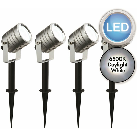 Set of 4 Silver Aluminium LED Spot Spike Lights with Inline Drivers - Anodised aluminium and frosted acrylic