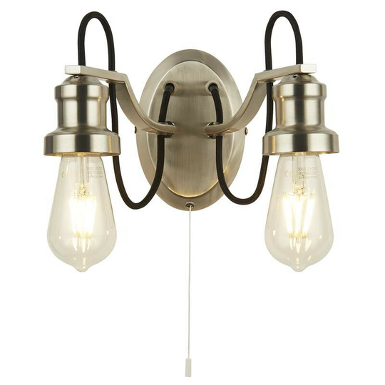 Searchlight Olivia 2 Light Wall Light, Black Braided Fabric Cable, Satin Silver