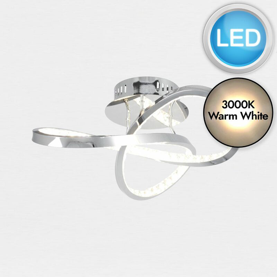 Jewelled Chrome led Loop Ceiling Light - Polished chrome plate with clear jewelled acrylic detail