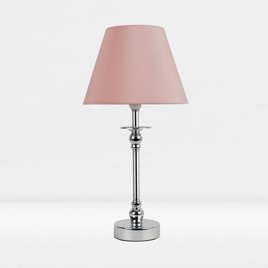 First Choice Lighting - Chrome Plated Bedside Table Light with Ball Detail Column Blush Pink Fabric Shade - Polished chrome plate and textured blush