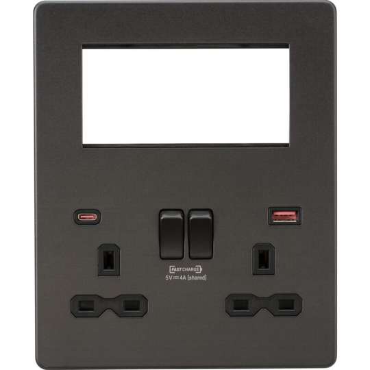 Knightsbridge - Screwless Small Multimedia Combination Plate with fastcharge - Smoked Bronze 230V IP20