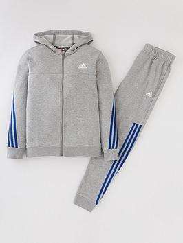 adidas Junior Boys 3 Stripe Full Zip Hood Tracksuit - Light Grey , Light Grey, Size 13-14 Years