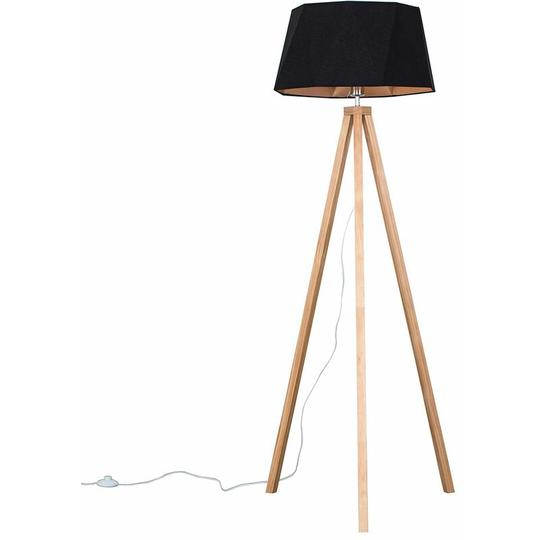 Light Wood Tripod Floor Lamp + Matt Black/Copper Geometric Shade - Add led Bulb