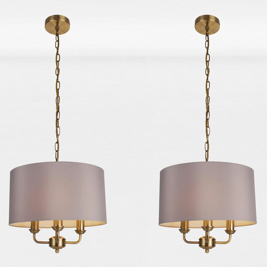 Pair of 3 Light Antique Brass Pendant Chandelier with Grey Fabric Shade - Antique brass plate and grey cotton