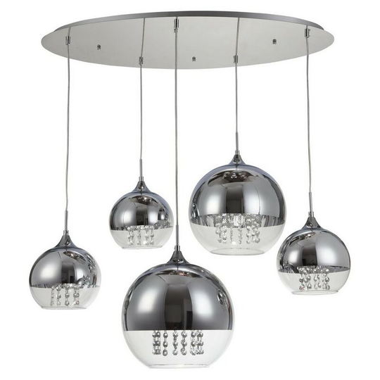 Fermi Cluster Ceiling Pendant Lamp Nickel & Crystal, 5 Light, E27