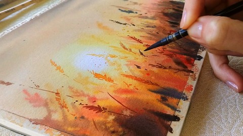 Watercolor sunset in the field