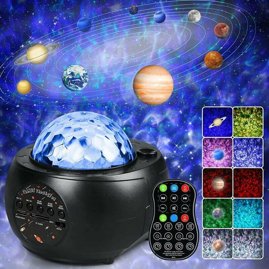 Led Night Light Projector, 3 in 1 Music Galaxy Projector, 10 Planets Projector, Water Wave Starry Star Light Projector(Black)-