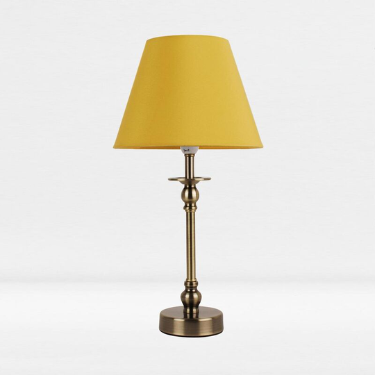 First Choice Lighting - Antique Brass Plated Bedside Table Light with Ball Detail Column Ochre Fabric Shade - Antique brass plate and textured ochre