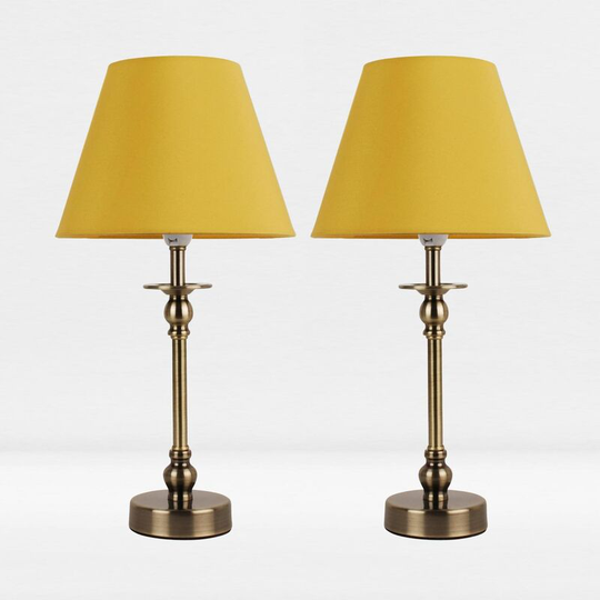 First Choice Lighting - Set of 2 Antique Brass Plated Bedside Table Light with Ball Detail Column Ochre Fabric Shade - Antique brass plate and