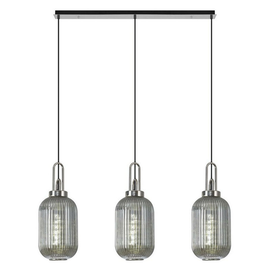 Luminosa Lighting - Luminosa Linear 3 Light Pendant E27 With 20cm Tubular Ribbed Glass, Smoked Polished Nickel, Matt Black