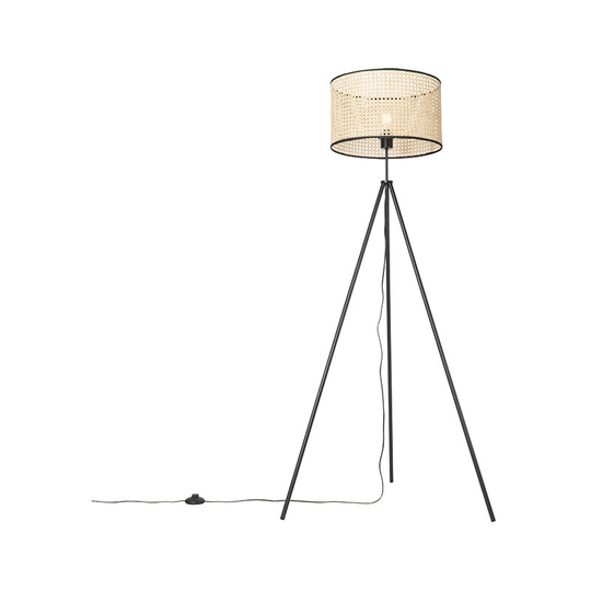 Qazqa - Rural floor lamp tripod black with rattan shade - Kata - Naturel